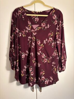 Beacon Floral V-Neck Blouse in Wine with Pink and Cream Accents